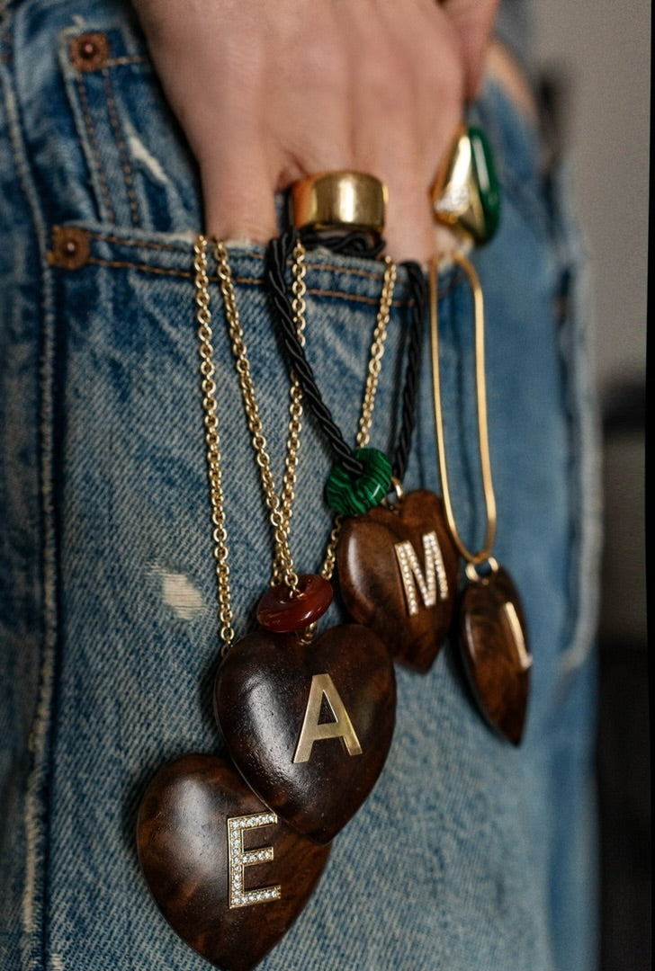 Rosewood Heart Pendant with Diamond and 18k gold Letter