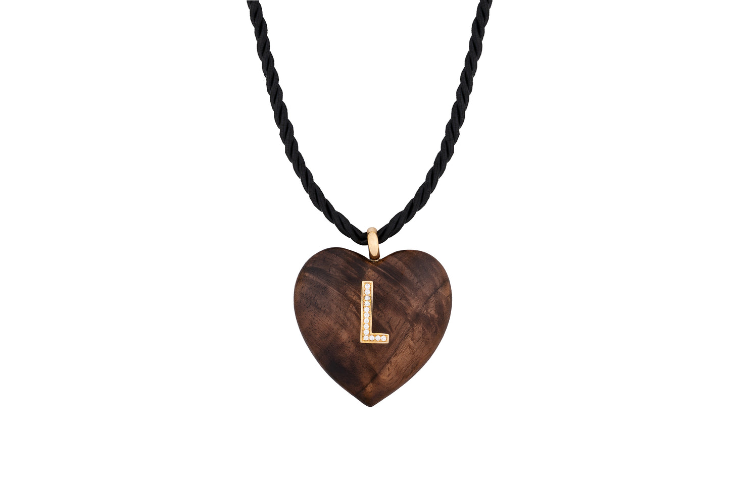 Rosewood Heart Pendant with Diamond and 18k gold Letter