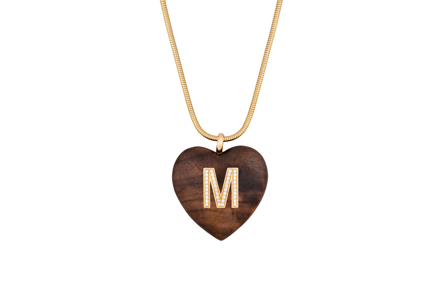 Rosewood Heart Pendant with Diamond and 18k gold Letter