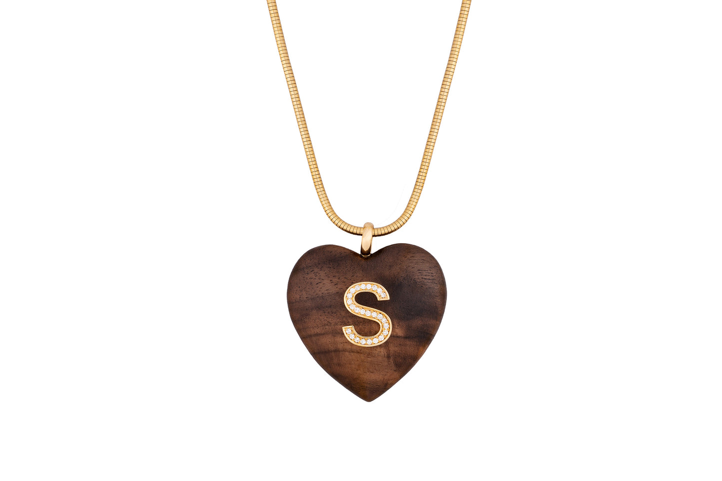Rosewood Heart Pendant with Diamond and 18k gold Letter