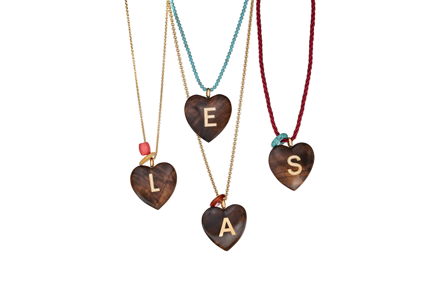 Rosewood Heart Pendant with Diamond and 18k gold Letter
