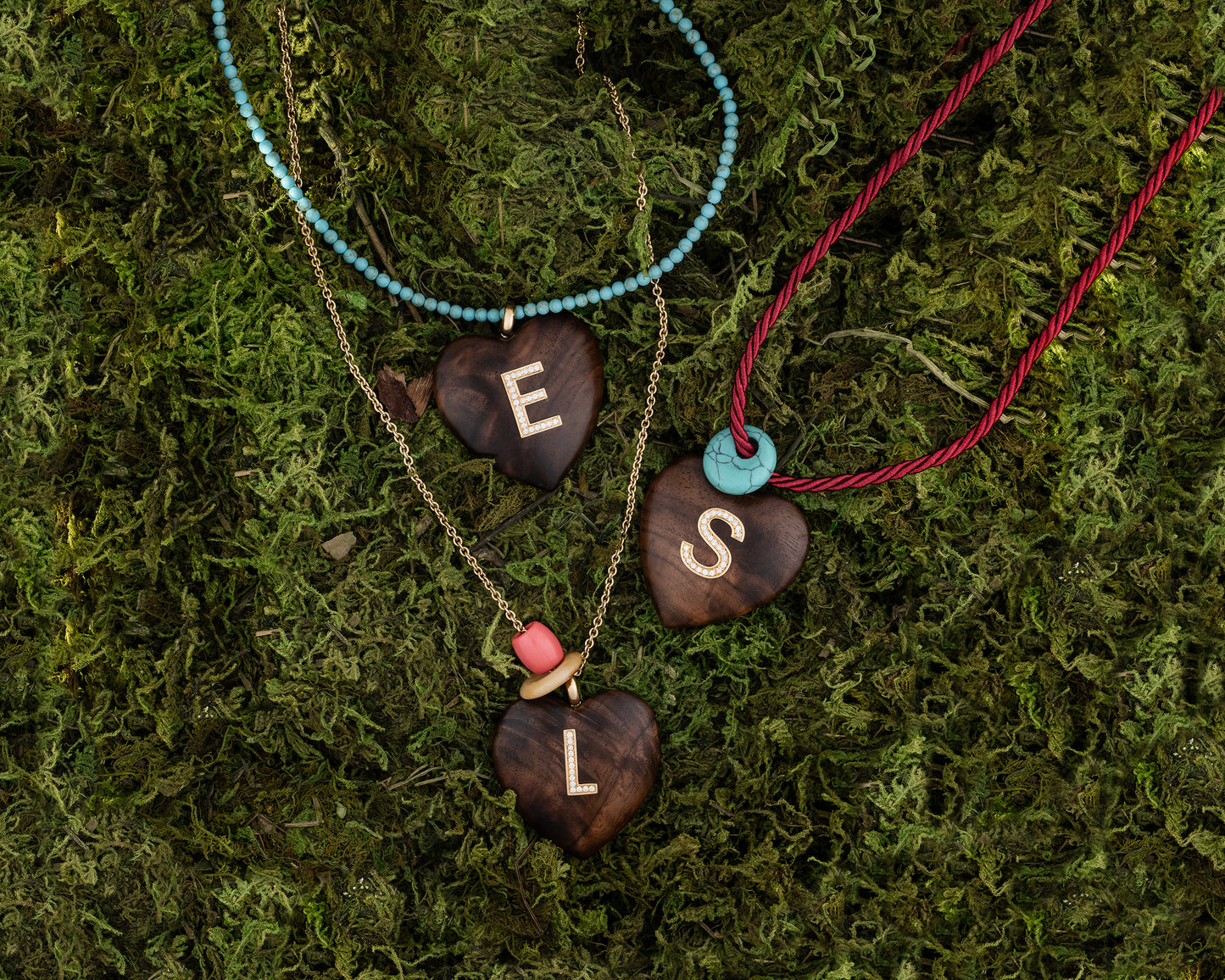 Rosewood Heart Pendant with Diamond and 18k gold Letter