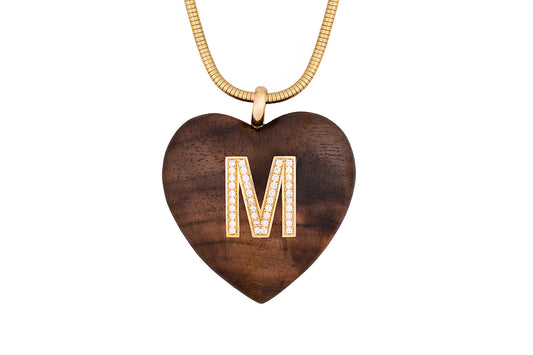 Rosewood Heart Pendant with Diamond and 18k gold Letter